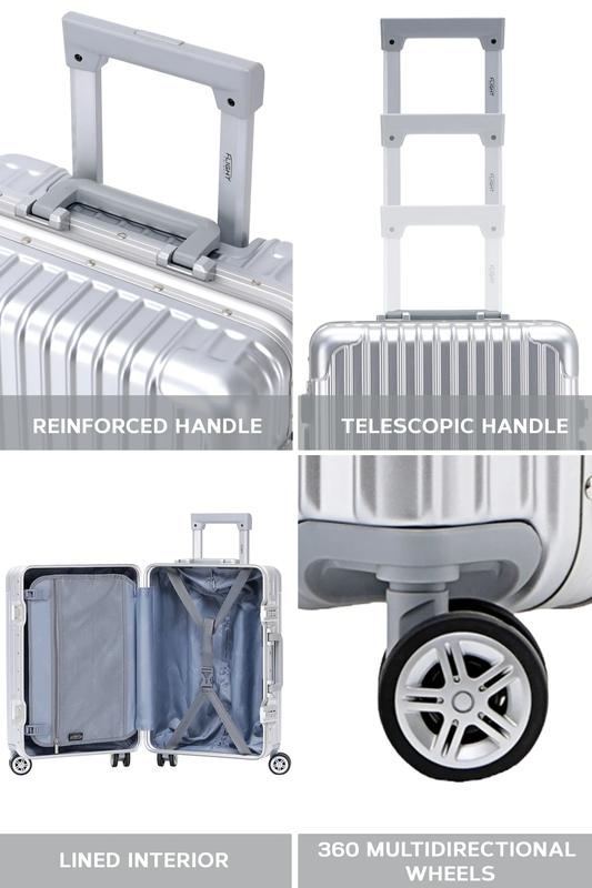 Flight Knight suitcase feature detail — reinforced handle, telescopic handle, lined interior and 360° spinner wheels