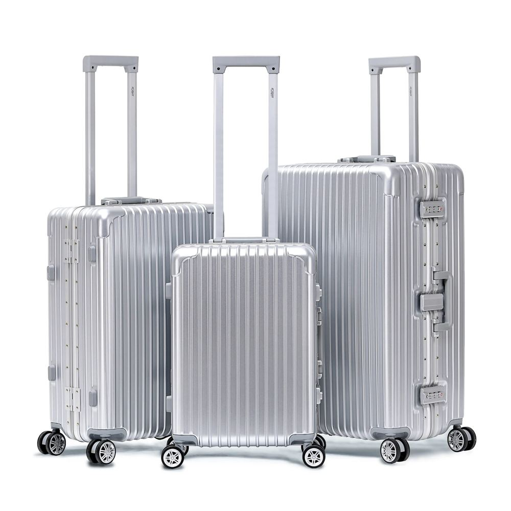 Flight Knight silver 3-piece hardshell suitcase set — cabin, medium and large cases, handles extended