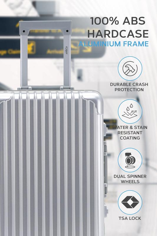 Flight Knight materials and durability features — ABS hardcase, aluminium frame, water and stain resistant coating, dual spinner wheels, integrated TSA lock