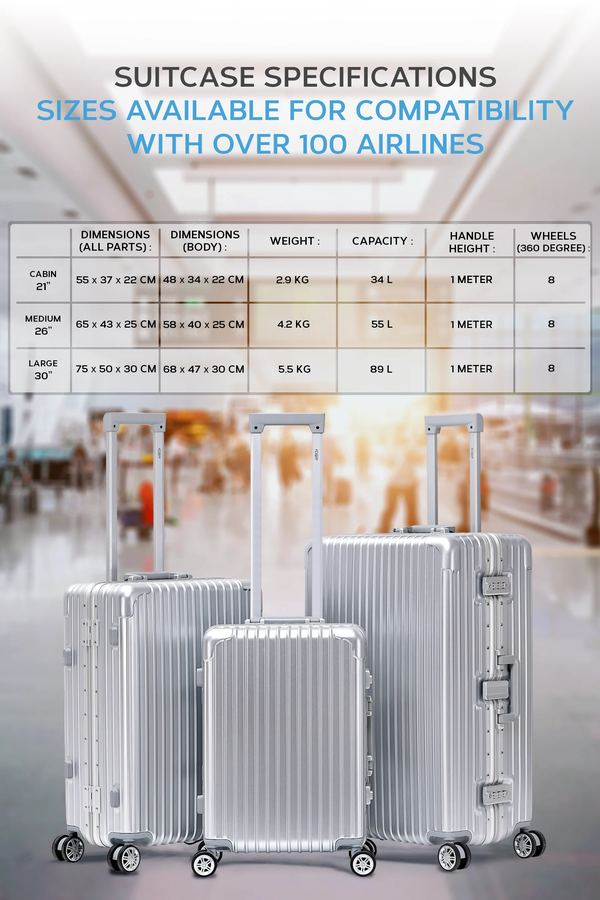 Flight Knight official suitcase specifications chart — cabin, medium and large dimensions, weight and capacity